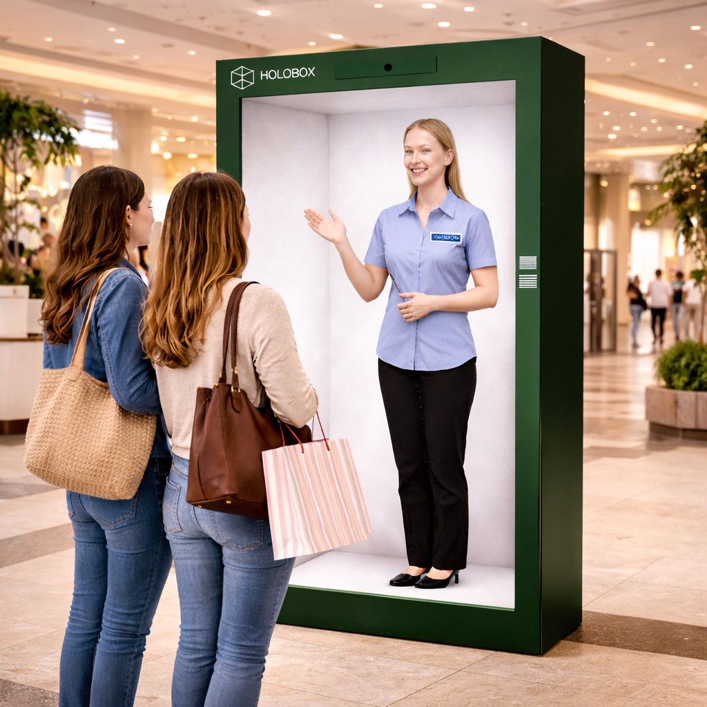 Holobox med digital vært placeret i et konferencemiljø