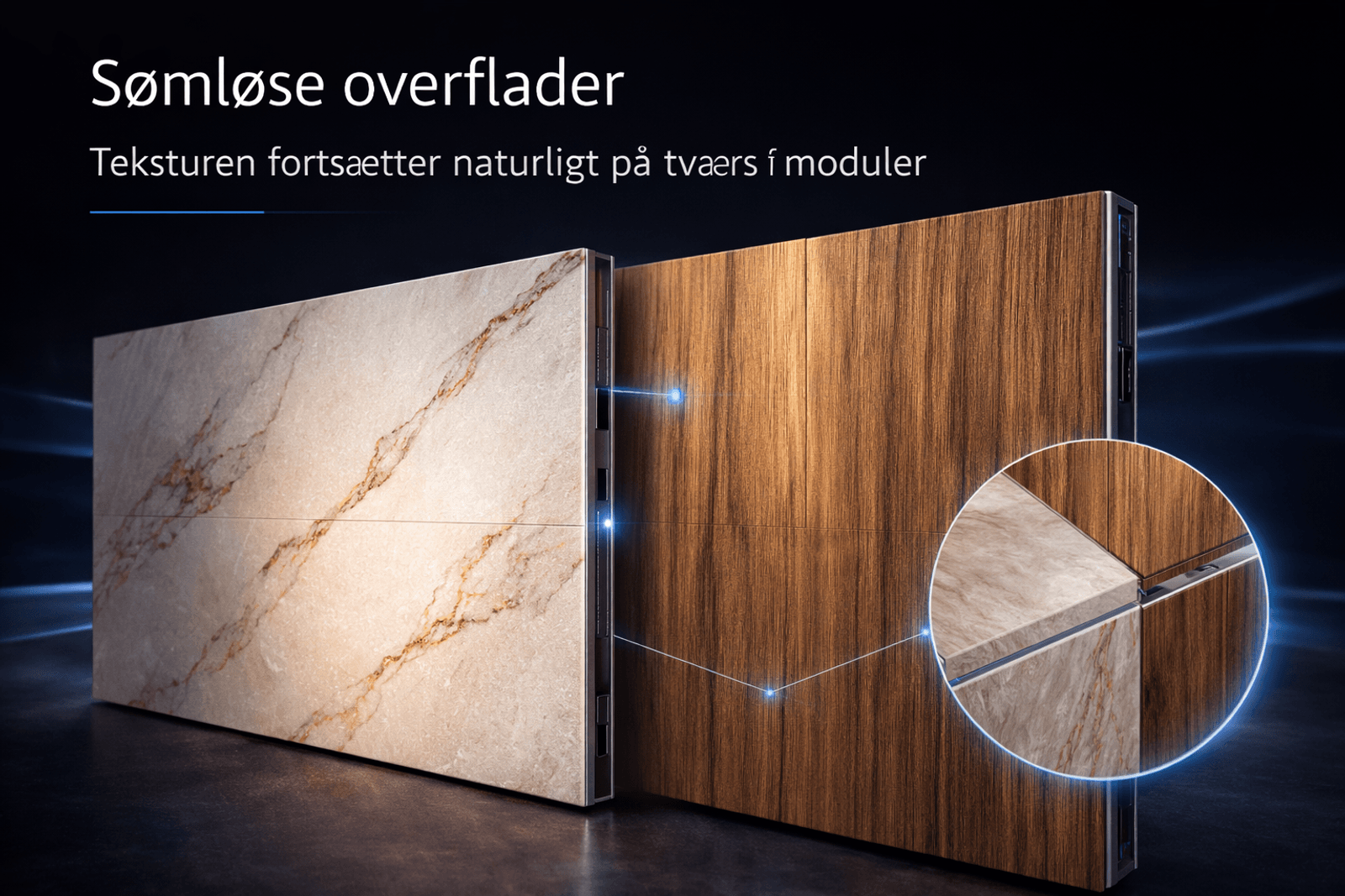 Illustration af Surface LED™ moduler i marmor og træ, hvor teksturen fortsætter på tværs af samlingerne