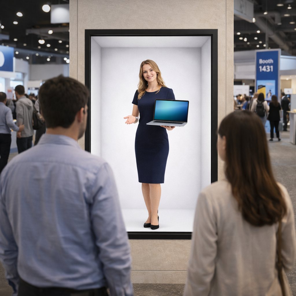 Digital værtinde med en laptop i en Holobox, mens besøgende kigger med på en messe