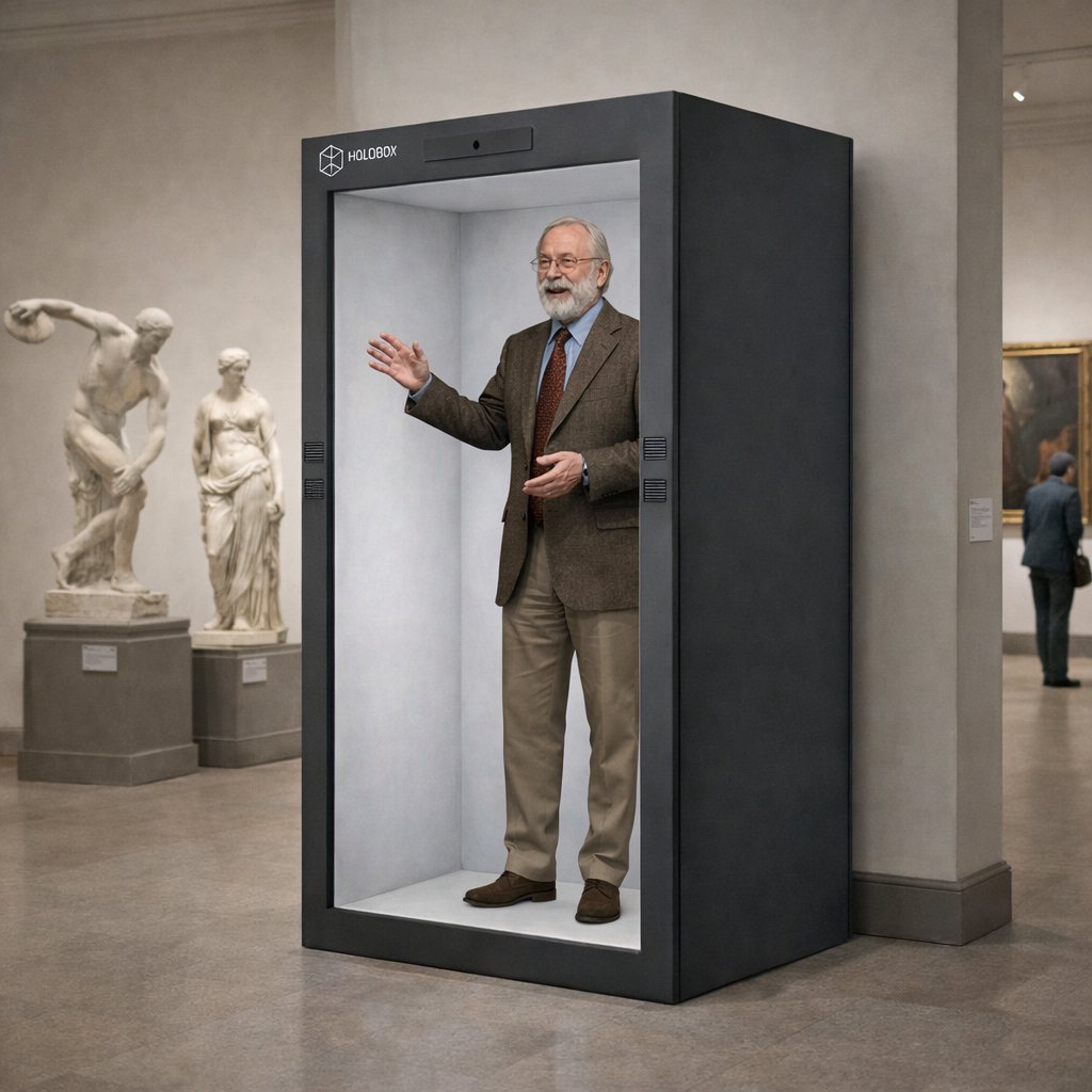 Visualisering af en museumsformidler i en sort Holobox ved klassiske skulpturer
