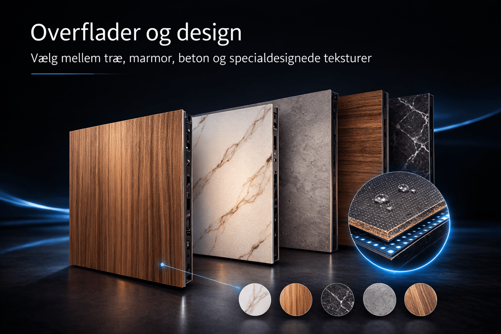 Illustration af Surface LED™ paneler med overflader i træ, marmor, beton og mørk marmor