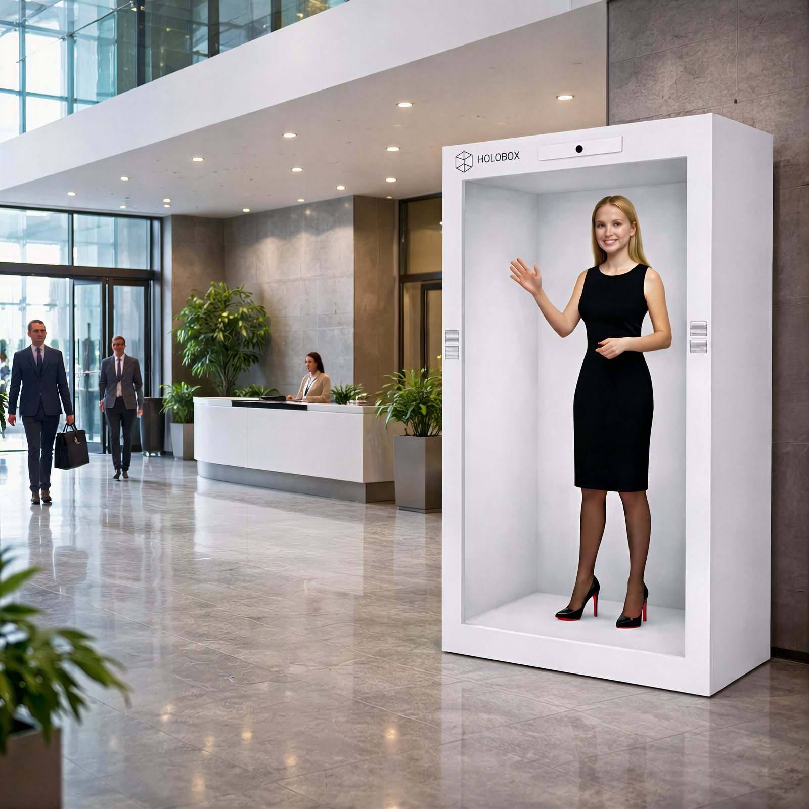 Visualisering af en digital vært i en hvid Holobox i en lys lobby