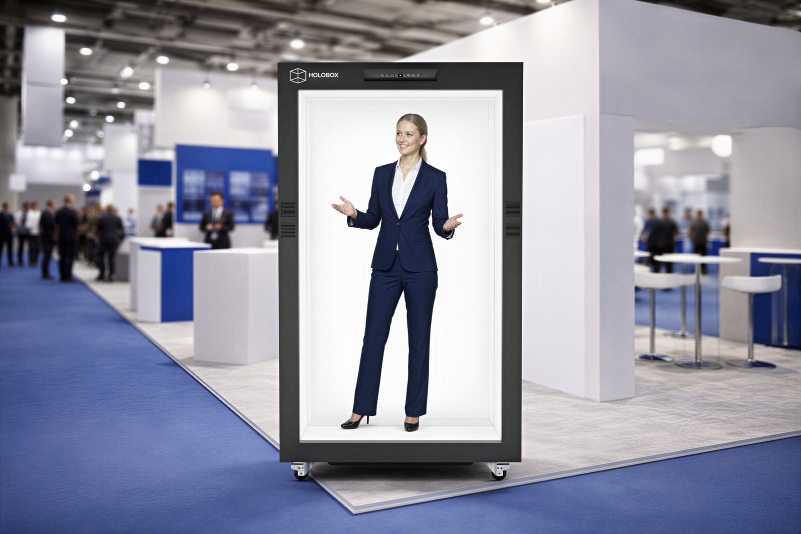 Holobox med en digital vært i forretningstøj på en messestand