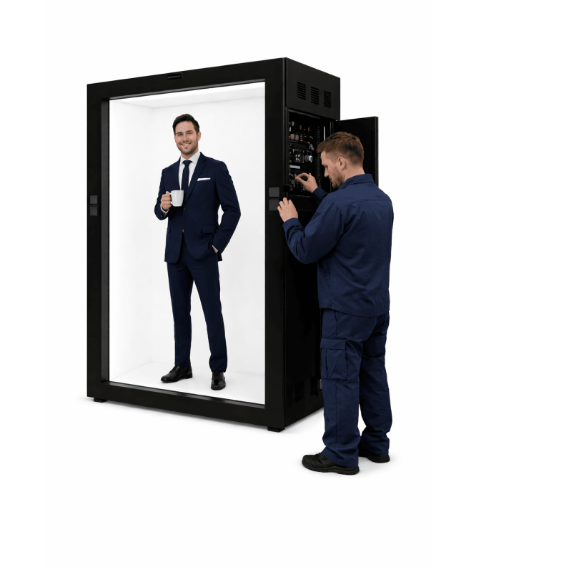 Illustration af en tekniker, der arbejder på en Holobox
