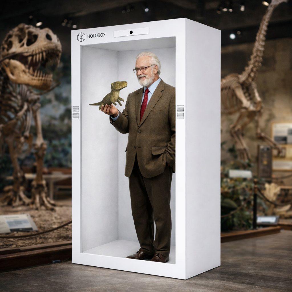 Formidler med dinosaurfigur ved et naturhistorisk skelet