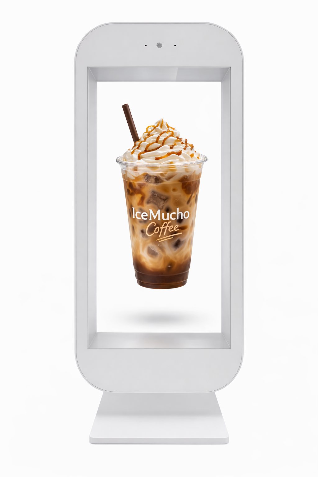 Holobox bordmodel præsenterer en iskaffe på en bordplade