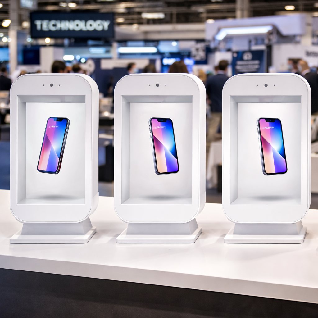 Tre Holobox bordmodeller, der hver viser en smartphone på en teknologimesse