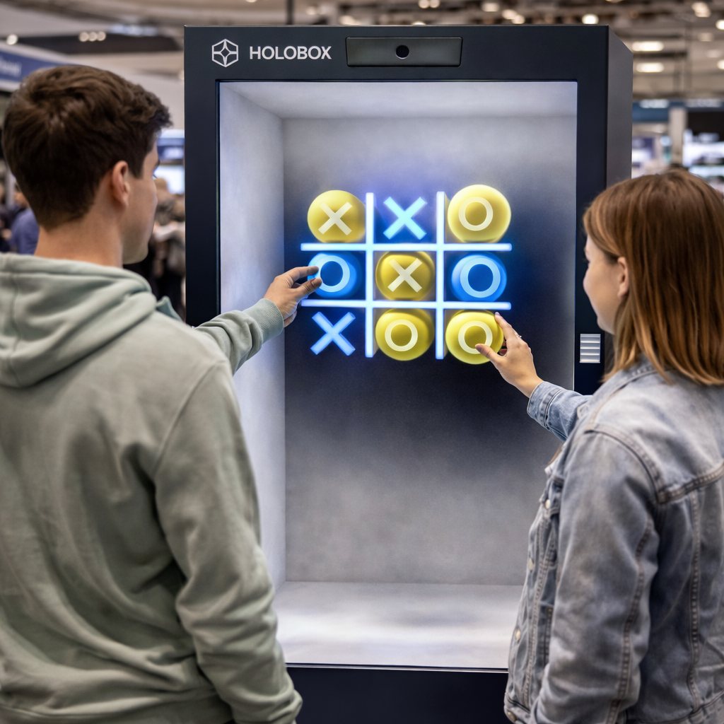 Visualisering af to personer, der spiller kryds og bolle på en Holobox touchskærm