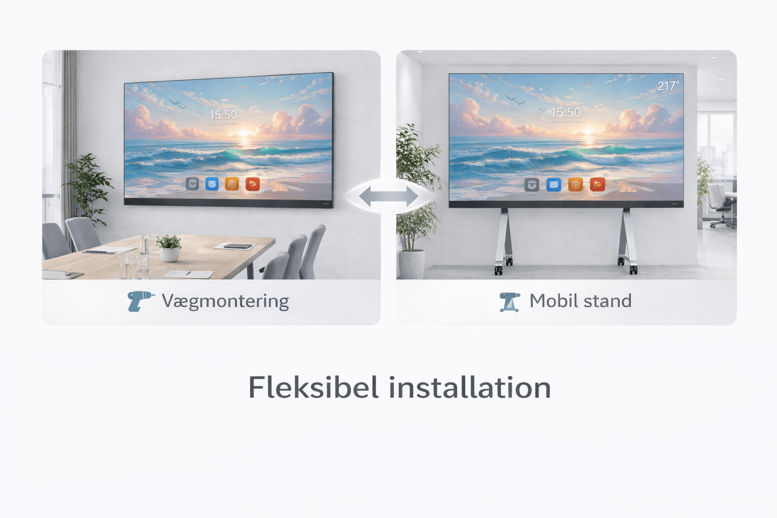 Illustration af UTV monteret på væg og på mobil gulvstander