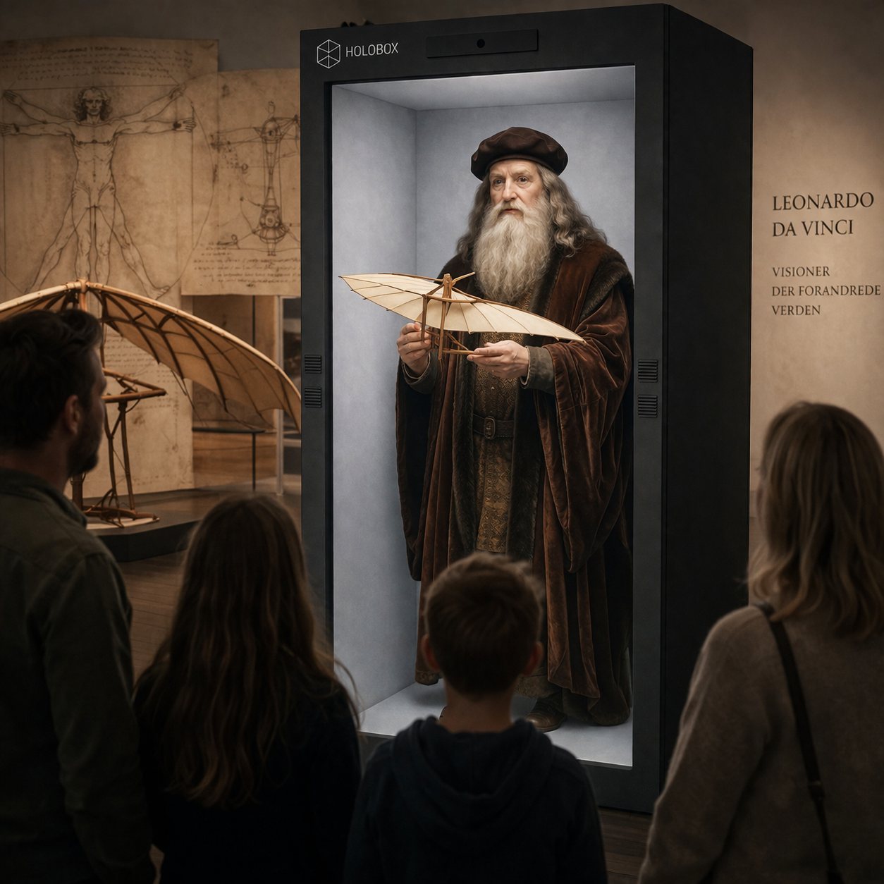 Visualisering af Leonardo da Vinci med en flyvemaskine i en Holobox