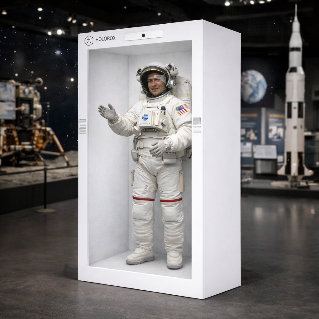 Astronaut som fortæller i en rumfartsudstilling