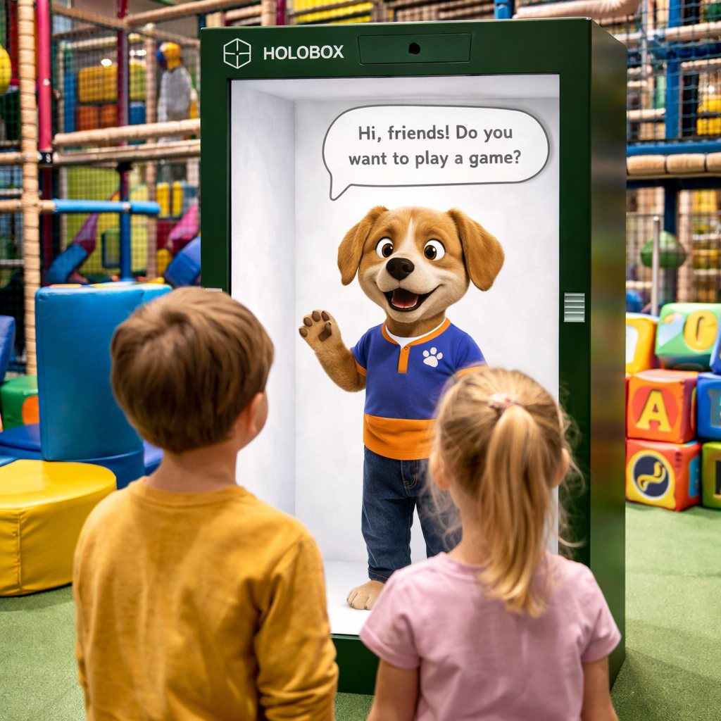 Visualisering af en tegnet hund, der inviterer børn til at spille i en legeplads