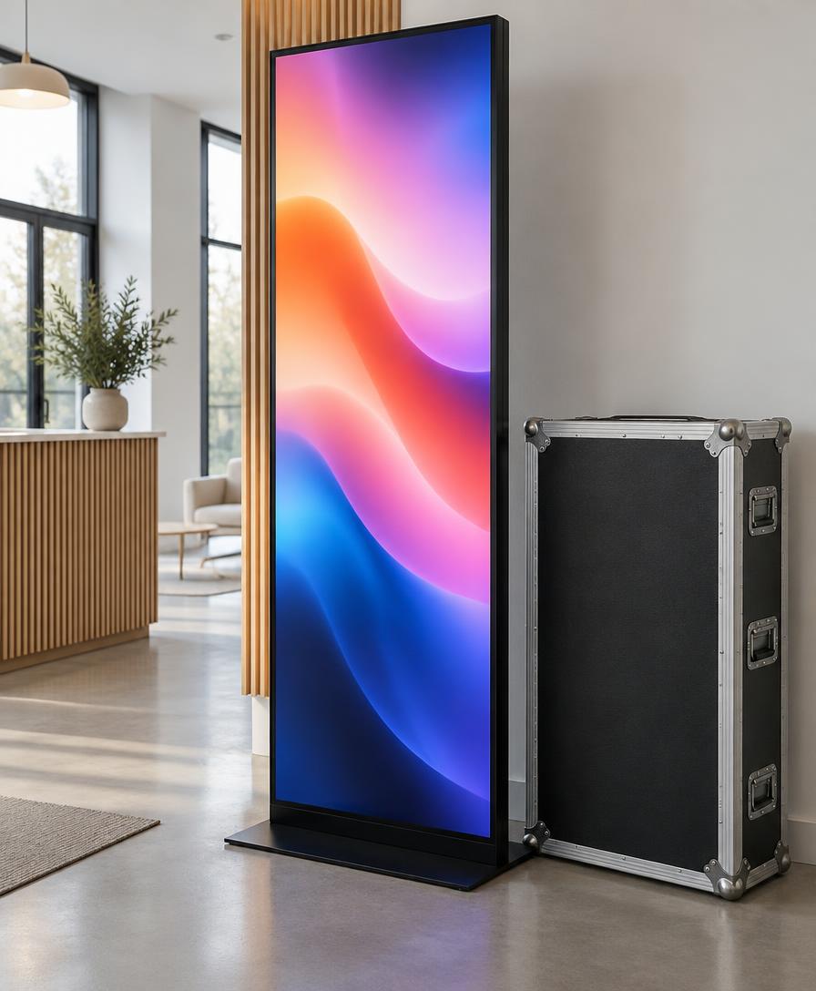LED poster i en lys reception med en sort flightcase til transport og opbevaring